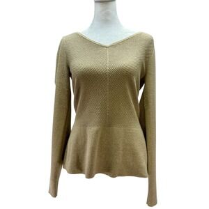 White House Black Market Gold Metallic Knit V Neck Long Sleeve Sweater M Holiday